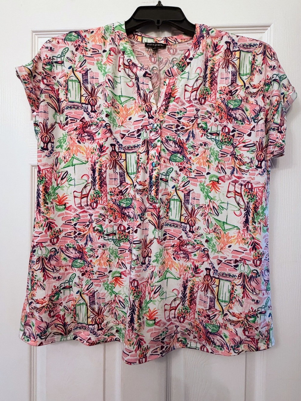 Ava & Grace Pink Tropical Print Short Sleeve Blouse